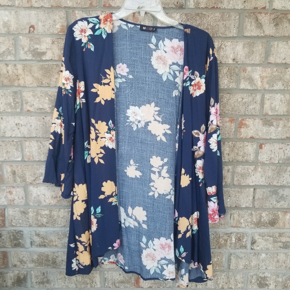 VISION Blue Floral Open Front 3/4 Flutter Sleeve Kimono (Womens Medium)
